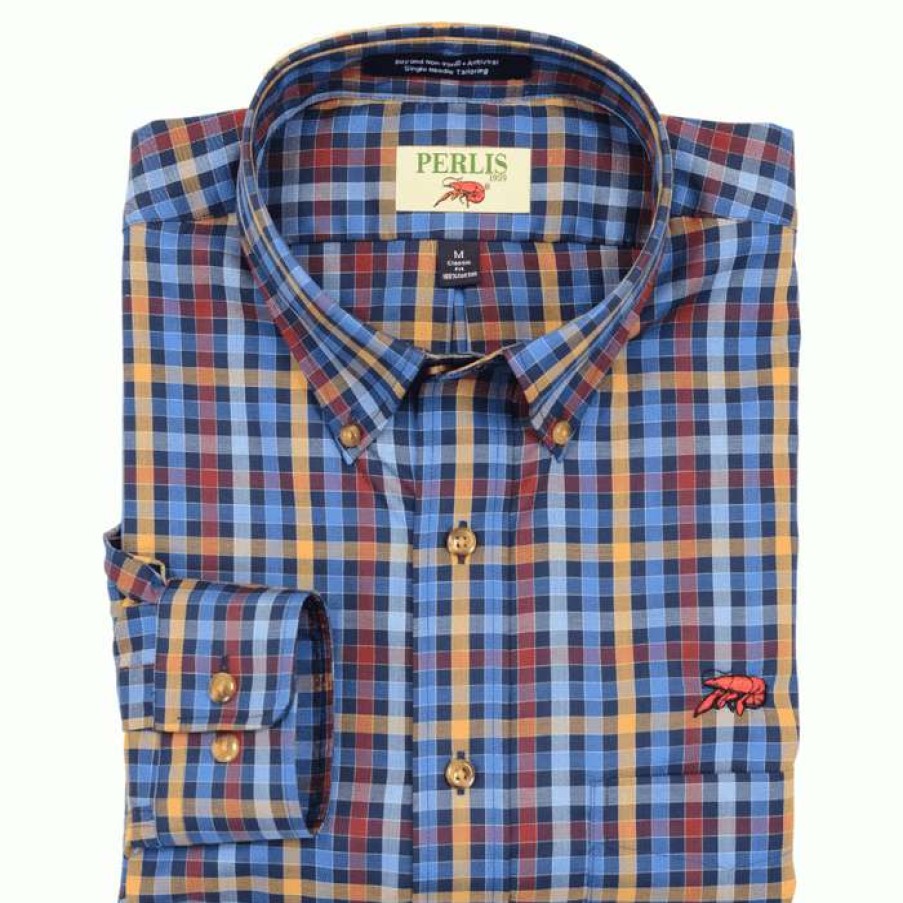 Crawfish * | Classical Crawfish Framed Gingham Plaid Wrinkle Free Classic Fit Navy/Blue