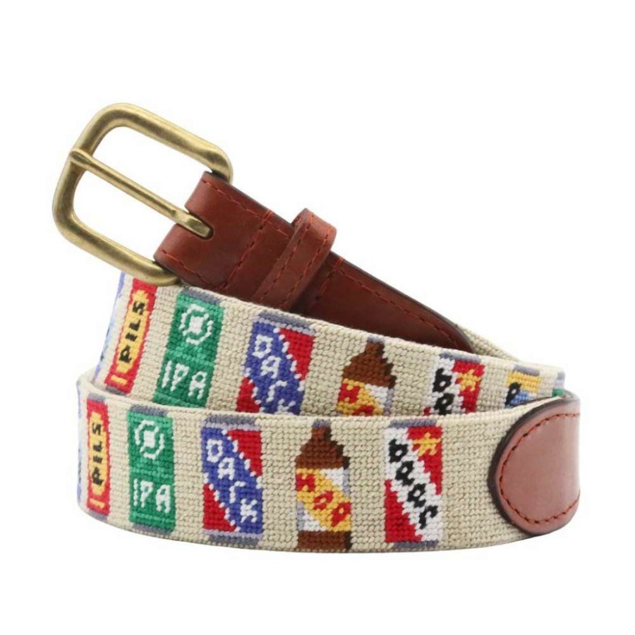 Men * | Discounts Beer Cans Needlepoint Belt By Smathers & Branson Light Khaki