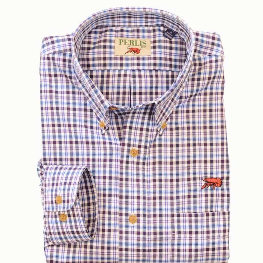 Crawfish * | Classical Crawfish Check Wrinkle Free Classic Fit Sport Shirt Navy