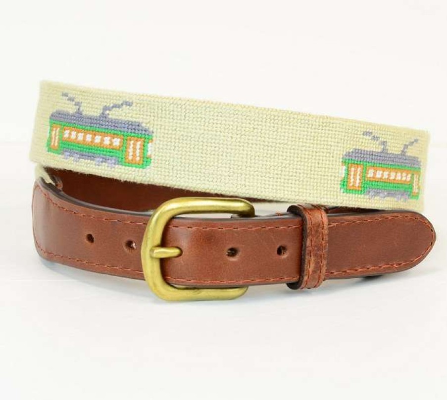 Men * | Best Quality New Orleans Streetcar Needlepoint Belt By Smathers & Branson Lt Khaki