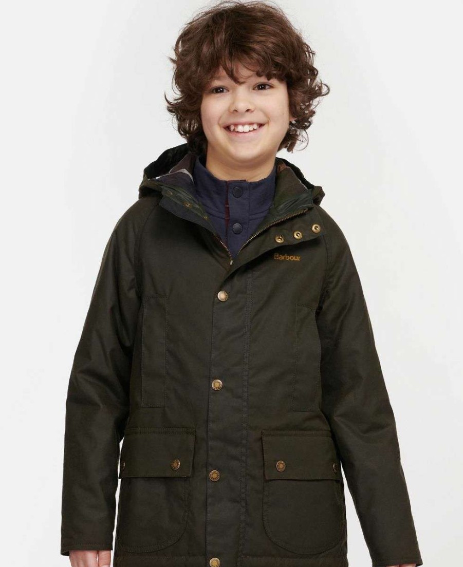 Kids * | Good Quality Boys Beaufort Wax Jacket By Barbour Olive