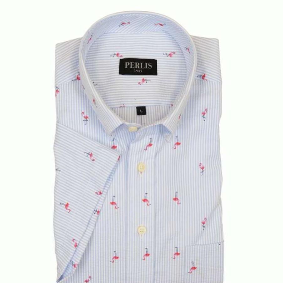 Men * | Lower Prices Perlis 1939 Flamingo Print Seersucker Sport Shirt Lt Blue