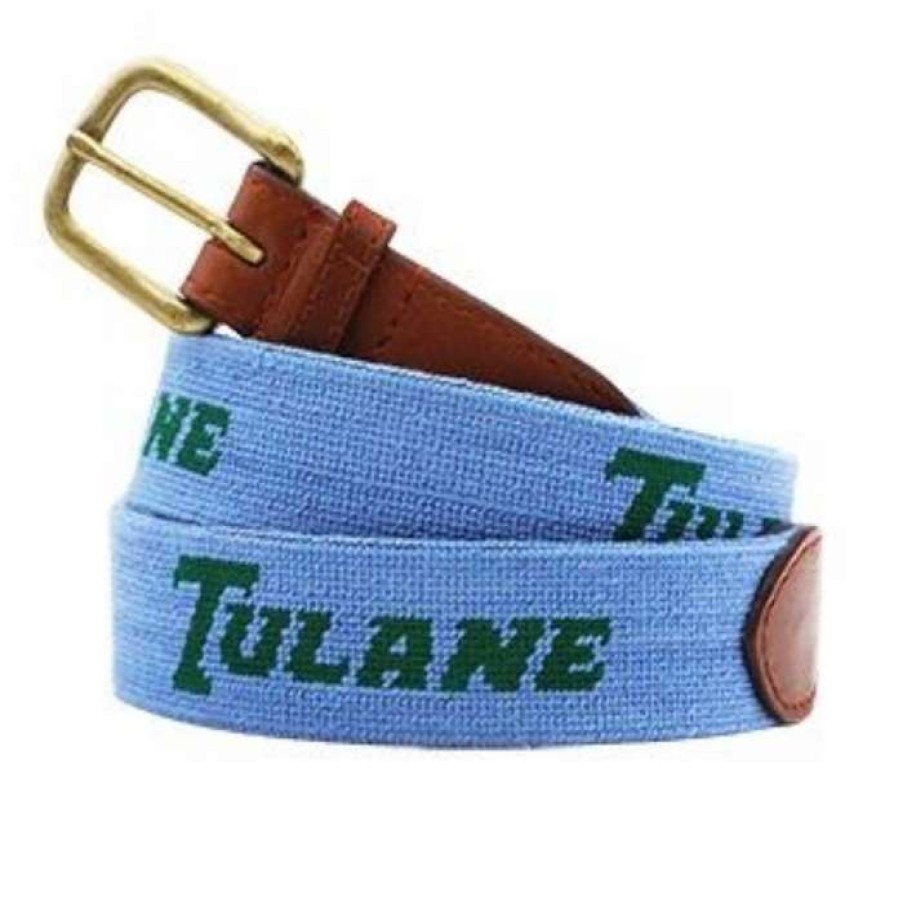 Men * | Sale Tulane Text Needlepoint Belt By Smathers & Branson Blue/Green