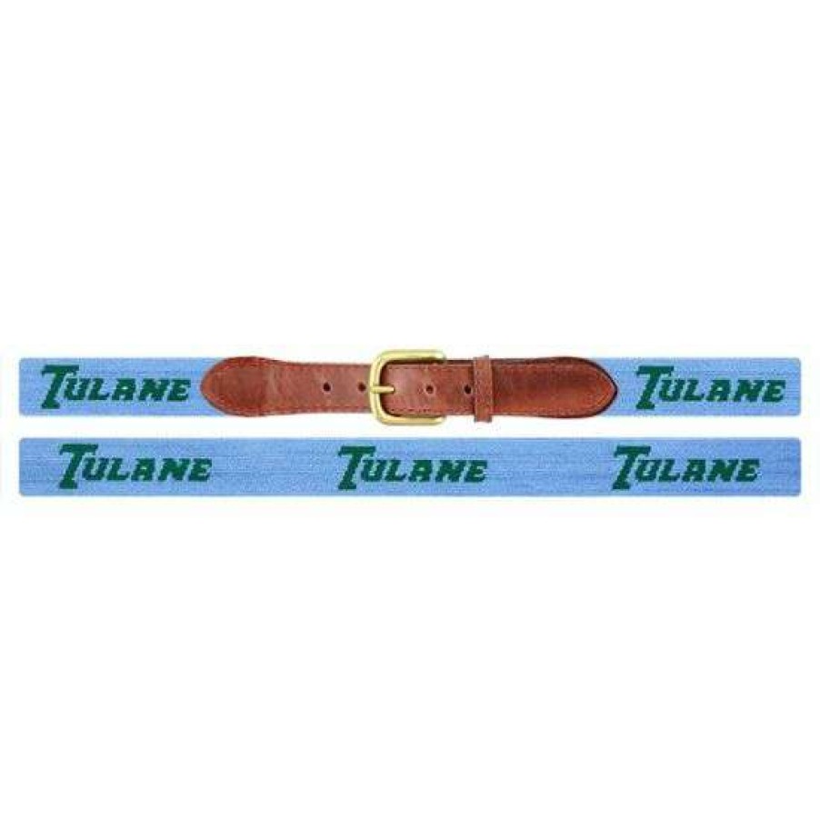 Men * | Sale Tulane Text Needlepoint Belt By Smathers & Branson Blue/Green