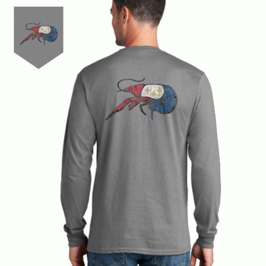 Crawfish * | Latest Crawfish Long Sleeve Distressed Nola Flag Tee