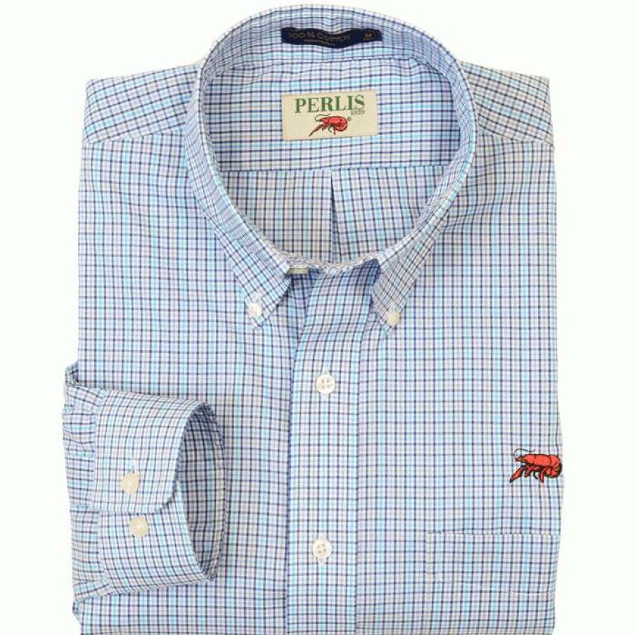 Crawfish * | New Crawfish Mini Check Wrinkle Free Classic Fit Sport Shirt Blue